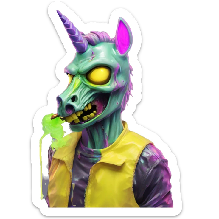 .Zombie_ Vaporwave black holographic oilslick zombie unicorn smoking yellow caution tape  sticker
