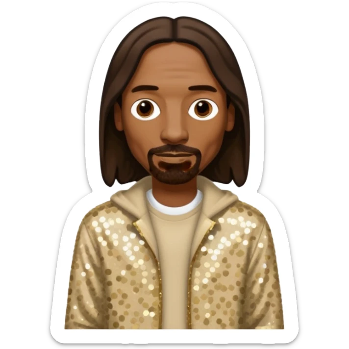 Snoop Dogg with long dark brown hair, beige sequin outfit sticker