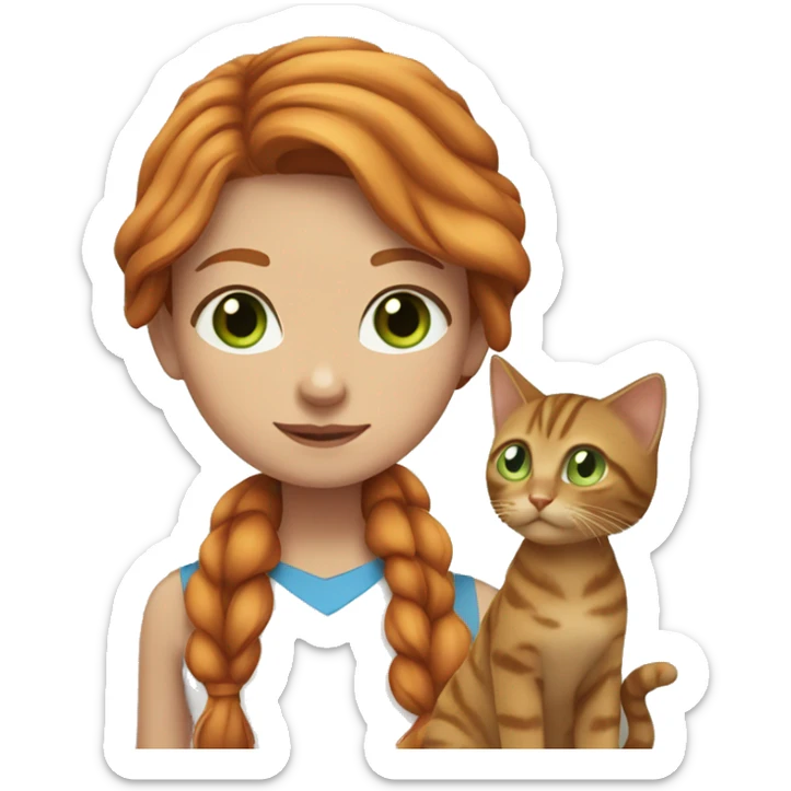 girl with blue eyes, with flowing ginger hair with brown tabby cat with greenish eyes sticker