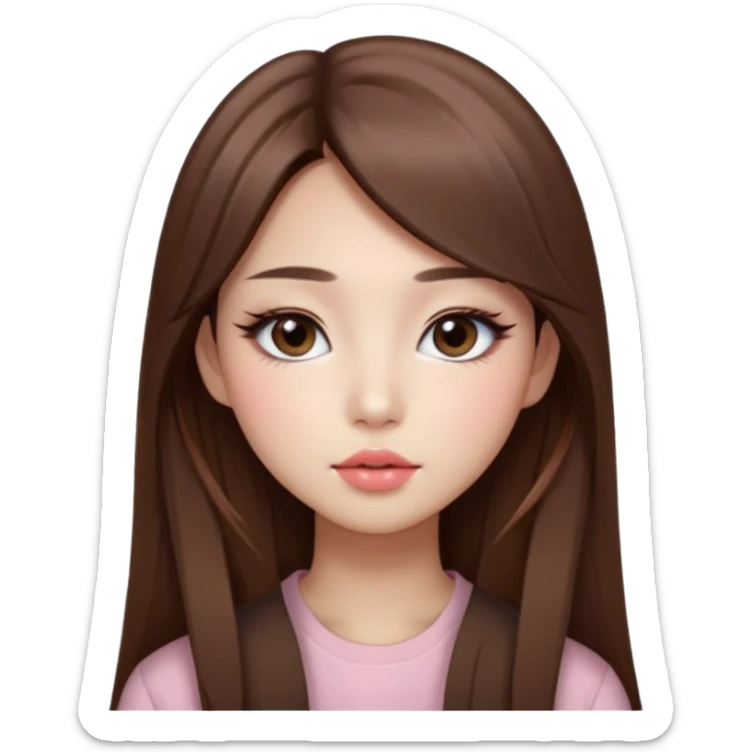 “korean straight long brown hair Emoji girl, soft eyeliner and blush, gradient lips, light brown shimmer eyeshadow sticker