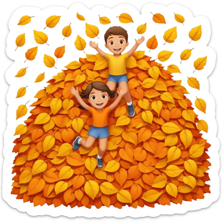 two children mid-air above a big pile of orange and yellow leaves, smiling faces sticker