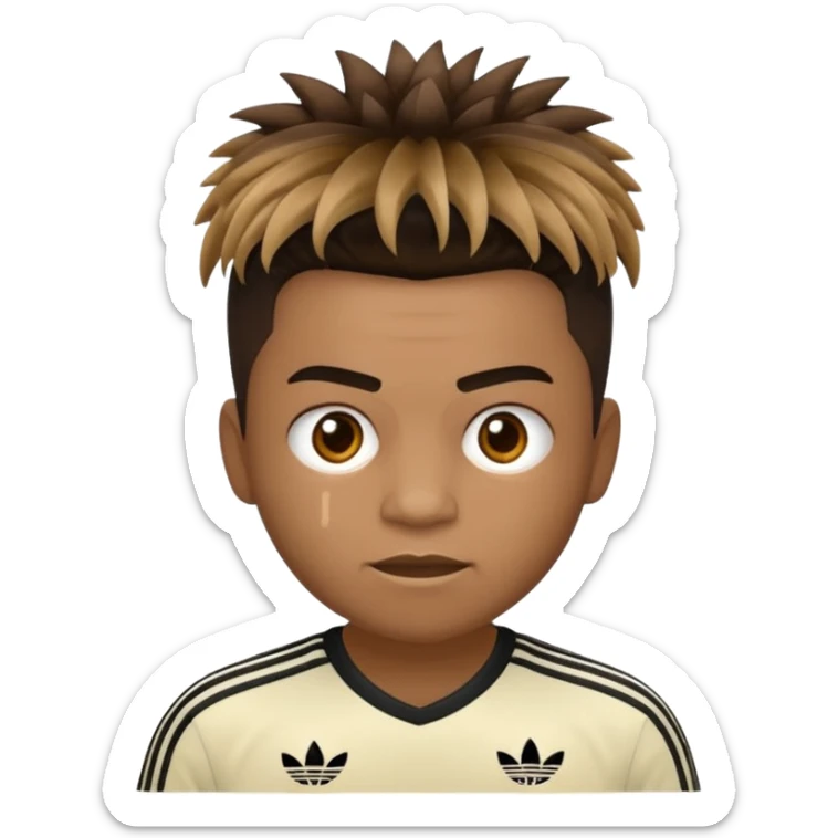 Crie um emoji de um menino com o cabelo castanho claro com uma franja reta e o corte low fade zumbi casaco de gola alta da adidas sticker