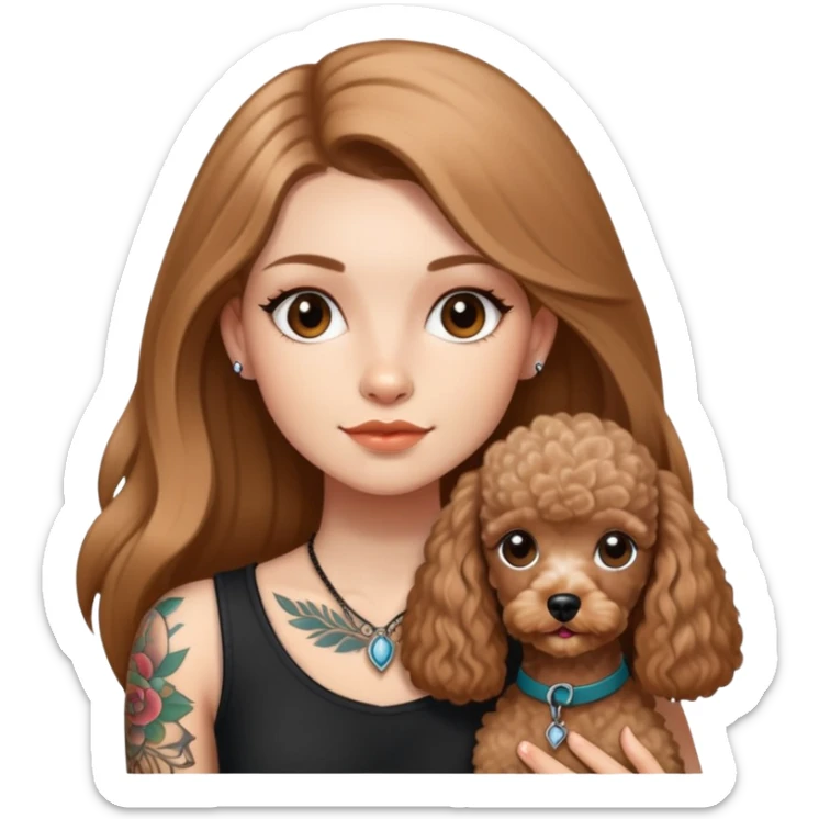 a  Fair skin girl with Light brown  Straight long hair and tattoos and a miniature poodles sticker