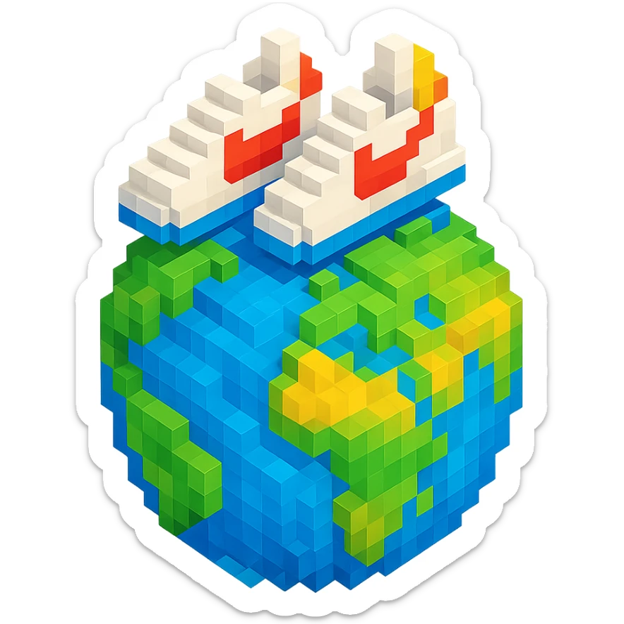 isometric view of Earth globe with a pair of Nike Cortez sneakers walking on top, voxel style sticker