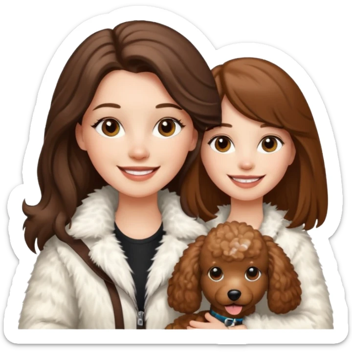 A white girl smiles a broad smile. She parts a long straight brown hair in middle. and she wears a white fur jacket. She also holds one brown poodle. sticker