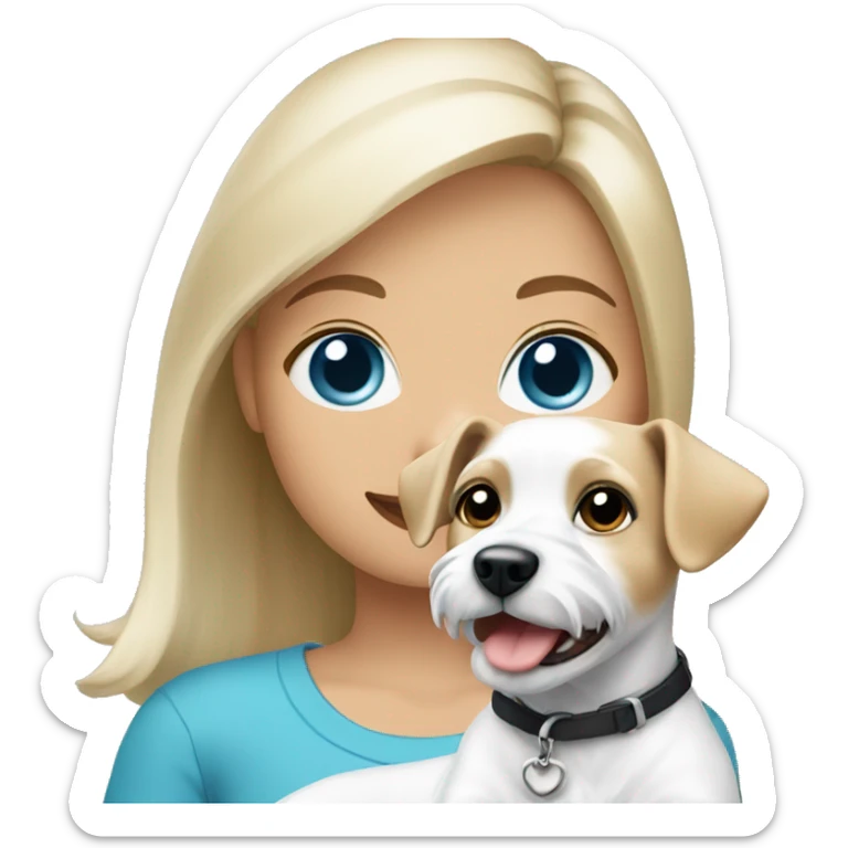girl with blond hair and blue eyes holding a white russel terrier dog sticker
