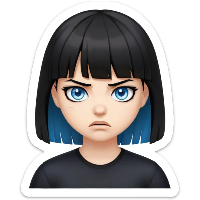 Girl angry wearing black with black medium length hair with bangs and blue eyes sticker