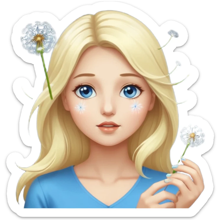 portrait woman long blonde hair blue eyes white skin blowing glowing dandelion seeds sticker