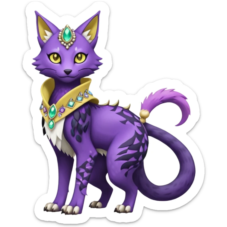 Kawaii cute Violet Yellow Black beautiful pretty elegant divine edgy feline-vernid-sergal-Fakémon-Pokémon-Digimon-fursona-animal-creature, full body, with intricate detailed markings, Embroidered capelet, Gem-studded horn ring sticker
