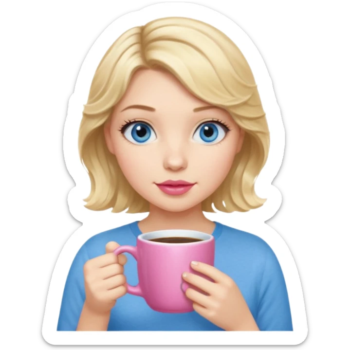 Girl Blonde short wavy hair,  blue eyes, cute blue top, long lashes, pink lips, holding coffee mug sticker