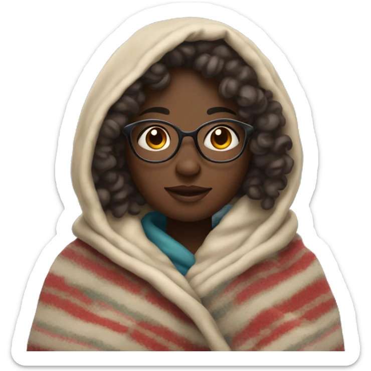 Dark skin girl with curly hair and glasses bundled up in a blanket  sticker