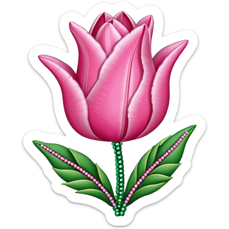 french beaded pink tulip flower with 2 leaves, handmade with glass beads, no background sticker