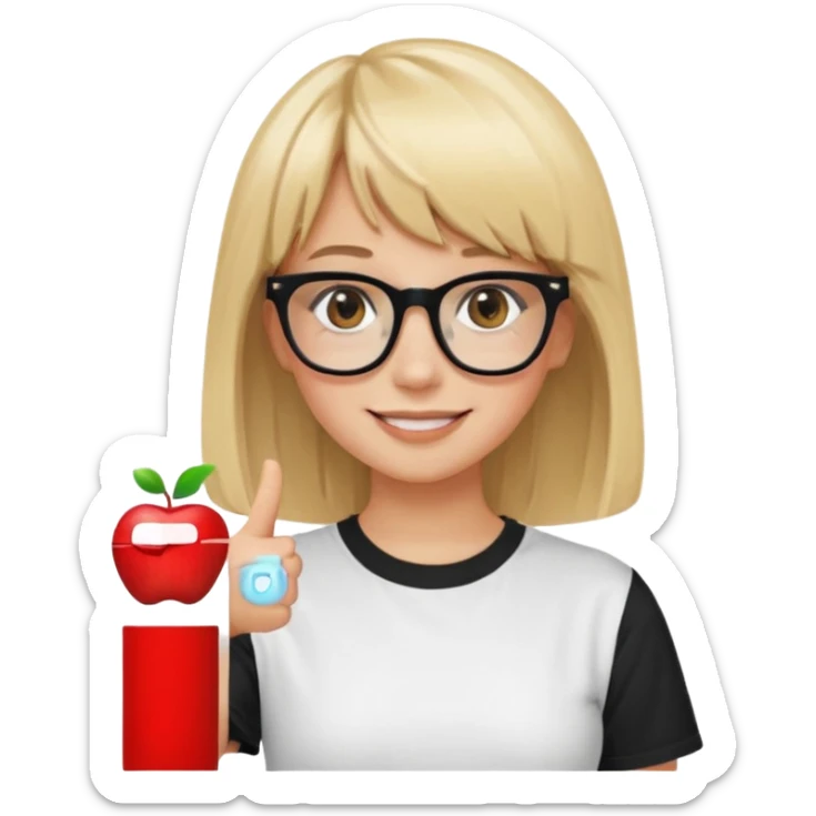 smiling girl with blonde hair, bangs, and brown eyes, wearing black square glasses and a white oversized T-shirt, pointing her finger up to the right, Apple emoji style sticker