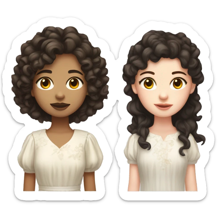 girl front profile with white pale skin, with dark brown eyes, with dark brown long curly hair mullet shag, with a white flowery dress sticker