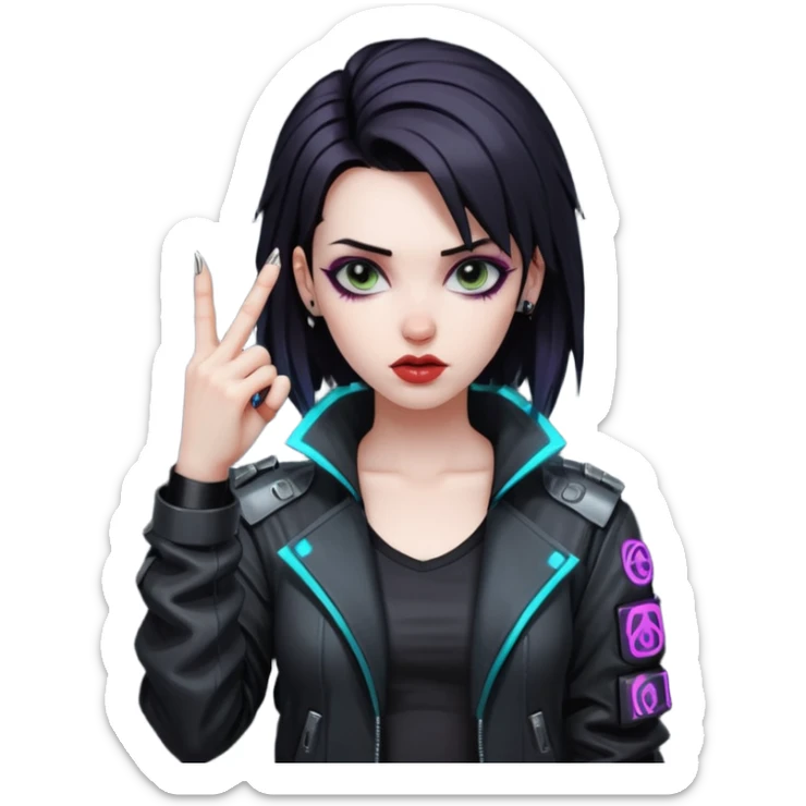 Woman with her tongue out in cyberpunk clothing and giving the middle finger. Looking naughty. sticker
