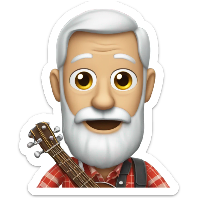Old man, long grey beard, huge wild eyes, buck teeth, playing a banjo and wearing a red long sleeve plaid shirt sticker