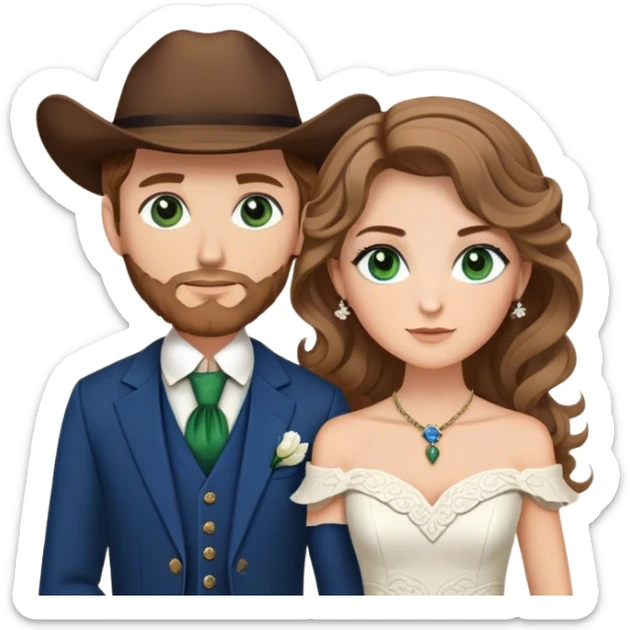 A bride and groom. Bride has brown hair with soft curls, has green eyes, wears an off shoulder dress. Groom, dark blue eyes, hair is blond, wears a western suit with a brown vest and a bolo tie. sticker