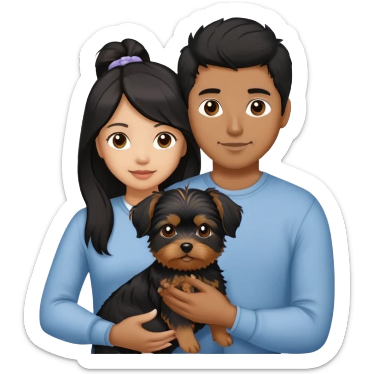 A couple holding a small Yorkshire Terrier together. The girl is Asian with long, luscious wavy black hair (loose, no hair tie). She is next to her boyfriend, a brown-skinned man with a short middle part haircut sticker