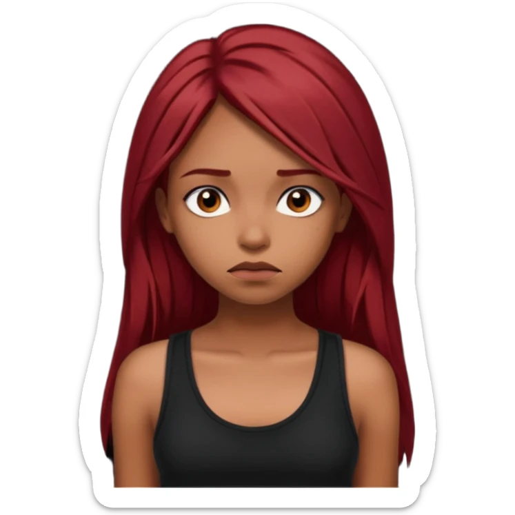 a brown girl with straight long dark red hair, black tank top, . Looking sad sticker