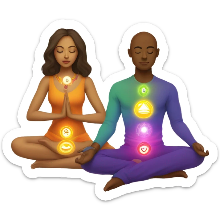 Light skin Man and woman lovers with 7 chakra symbols meditating sticker