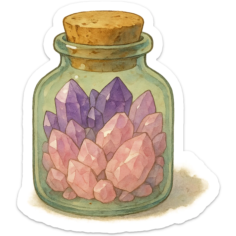amethyst and rose quartz crystal pieces in a jar, natural colors, soft, fairy-like atmosphere, no background, square size sticker