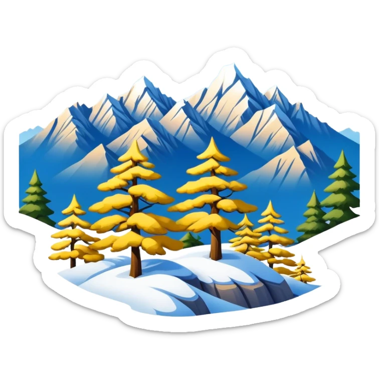 Huangshan Yellow Mountain winter snow peaks with pine trees, simplified emoji style with bold outlines and bright colors, cartoon style snowy mountains sticker