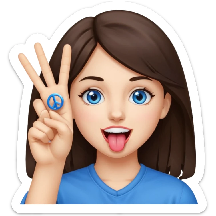 brunette girl holding 2 peace signs and ￼tongue out but make the teeth show just a little! and blue eyes  sticker