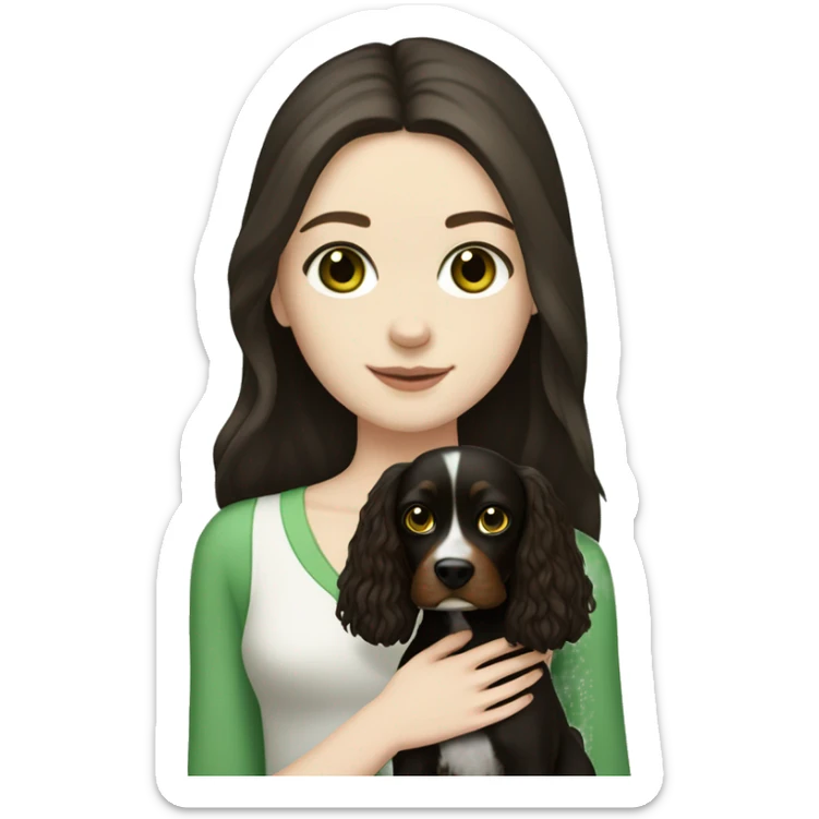 pale skin girl with green eyes with long dark brown hair that had a flower in her hair  holding a black and brown cavalier dog  sticker