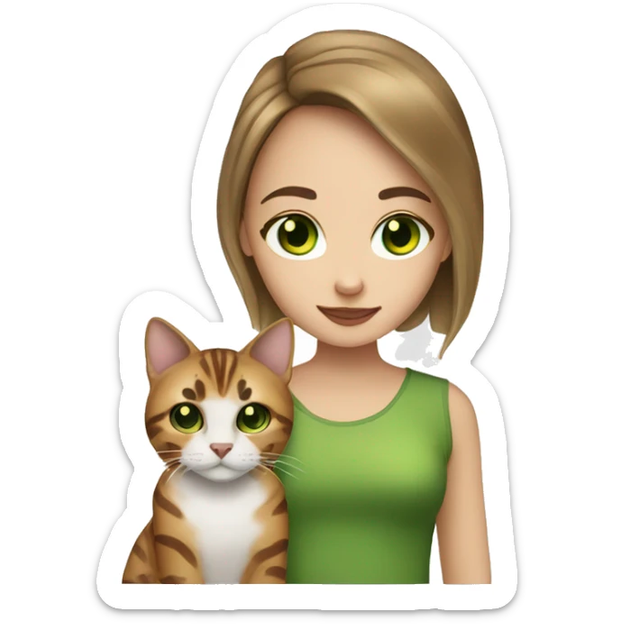 White skin girl with brown hair and a bengal cat with green eyes sticker