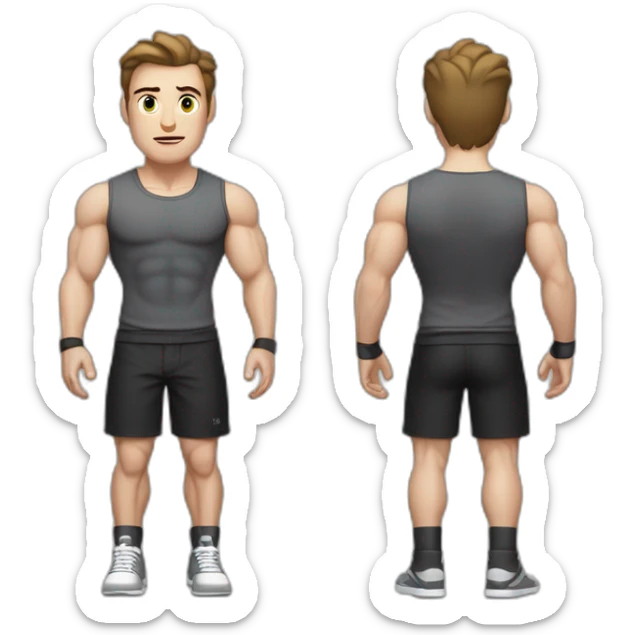 Confused Pale skinned Fit Man With the biceps and dark brown hair in black shirt, gray sports shorts and white Sneakers sticker