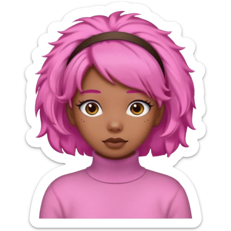 black fluffy haired girl with pink turtleneck sweater and pink hair band sticker
