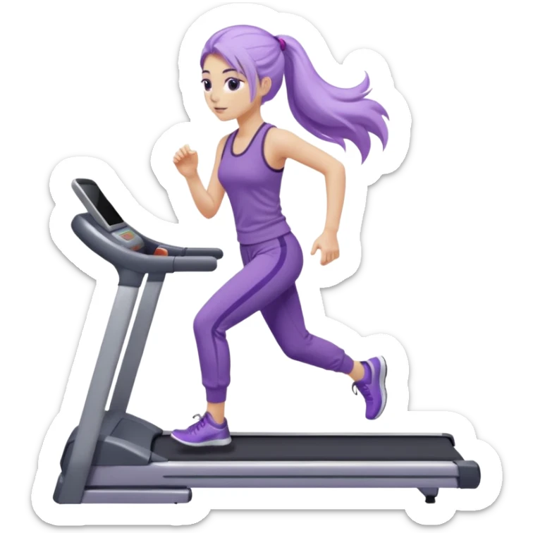 Девушка белокожая на беговой дорожке, с длинными светло-лиловыми волосами, в лиловом топе, в серых спортивных штанах, с черными ресницами sticker