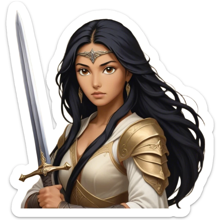 Cinematic Realistic Mulan Portrait, depicted with lifelike skin texture, soft natural lighting, and intricately detailed long black hair styled elegantly. Her deep, expressive eyes exude determination and grace, complemented by a serene yet confident expression. She stands with one hand resting on the hilt of her sword, the other by her side, exuding strength and poise. She is dressed in her classic attire, with rich fabric textures and delicate folds that catch the light beautifully. The portrait features a soft, enchanting glow with a natural, radiant finish, capturing the essence of timeless strength and beauty in a realistic and painterly style, evoking a sense of depth and authenticity. sticker