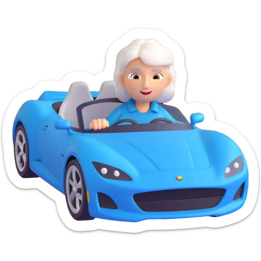 Make the mother with white hair in the blue sports car look fast and furious, add dynamic motion effects, intense expression, sporty 3D emoji style, no background sticker