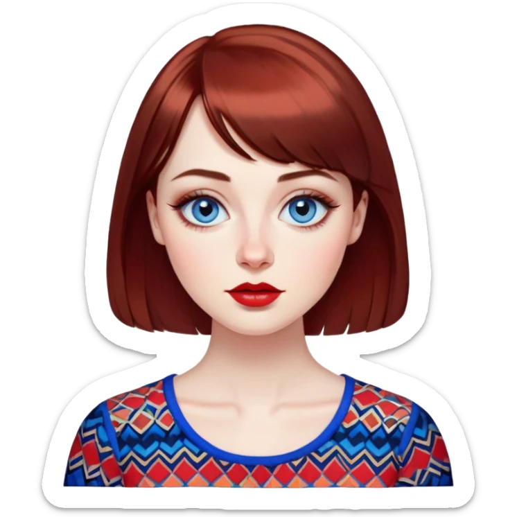 Artistic young woman with pale skin, oval face, large expressive blue eyes with eyeliner, thin arched eyebrows, small nose, full lips with red lipstick, dark auburn hair that's straight with slight waves at ends, straight bangs, wearing a bright colorful patterned top, warm creative expression sticker