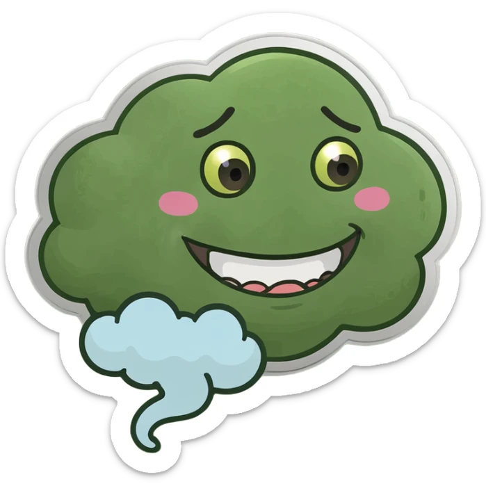 Smirking smile emoji farting with a fart cloud behind him sticker