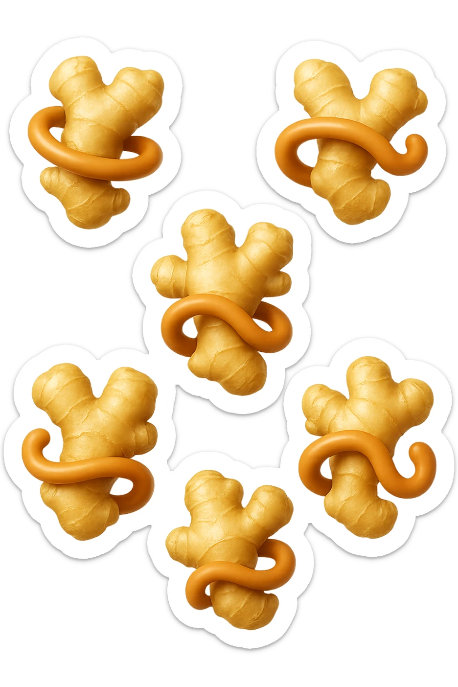 emoji stile iphone 3d di 6 piccoli pezzi di zenzero che fluttuano in aria con pezzi di colon arrotolati intorno, iperrealistico 4k sticker