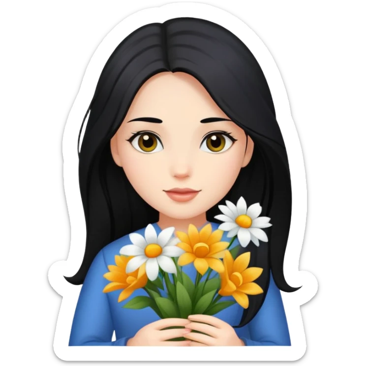 Beautiful girl with long black hair holding a bouquet of flowers sticker