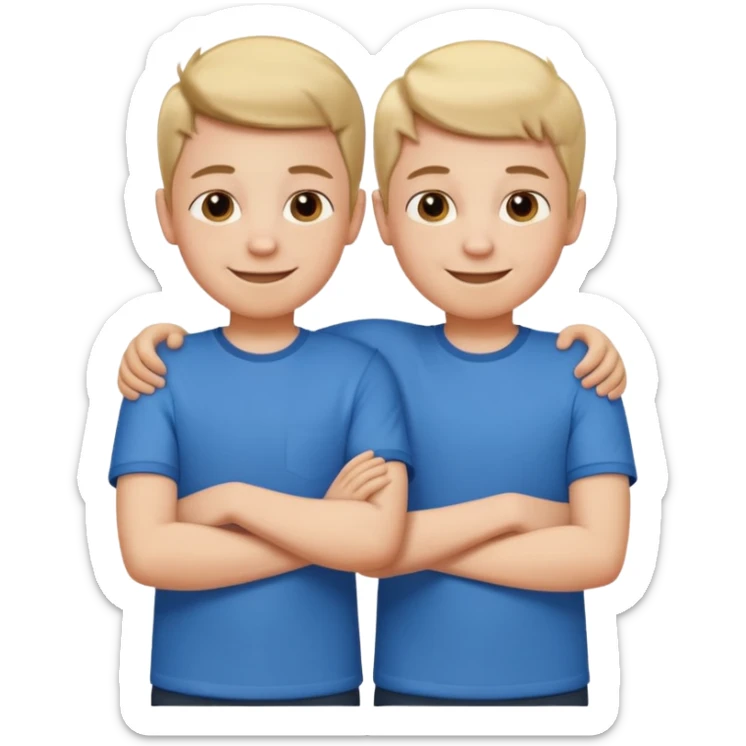 Two cartoon-style two  boy with similar features, arms around each other's shoulders, smiling, matching outfits, standing close, white background, emoji style sticker
