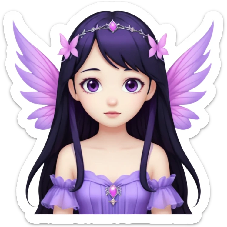 Gothic anime fairy with long beautiful black hair and violet dress, pastelcore, sticker