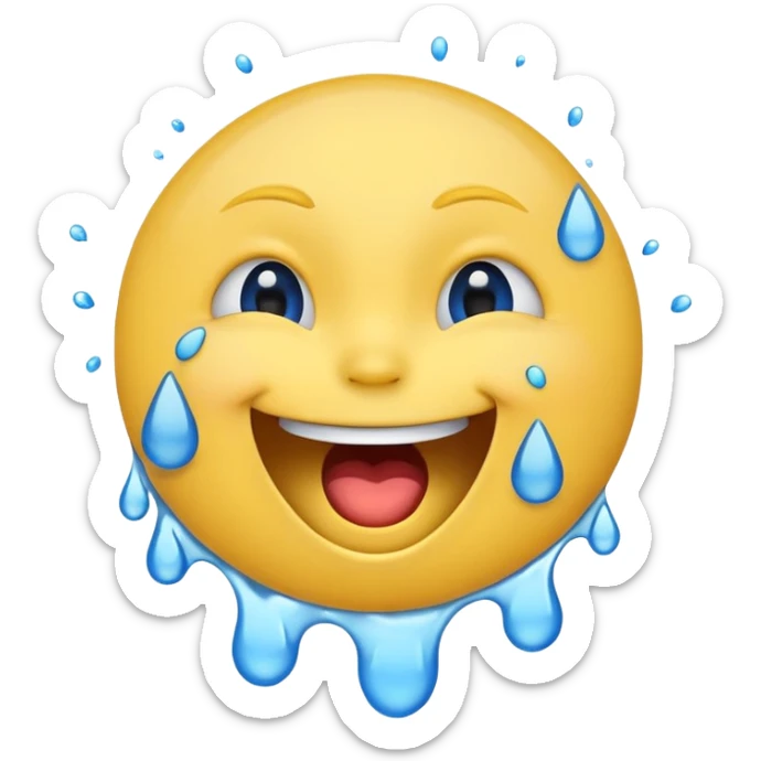 Emoji, yellow round laughing face, open mouth with Splashing blue tears from the eyes sticker