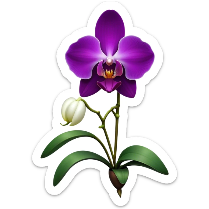 Cinematic Realistic Orchid Emoji, Exotic and elegant, with intricate, velvety petals in deep purple and white, forming a delicate and symmetrical blossom. The slender green stem holds the flower high, while surrounding leaves add lush contrast. Soft glowing outline, capturing the essence of rare beauty and sophistication in a captivating orchid. sticker