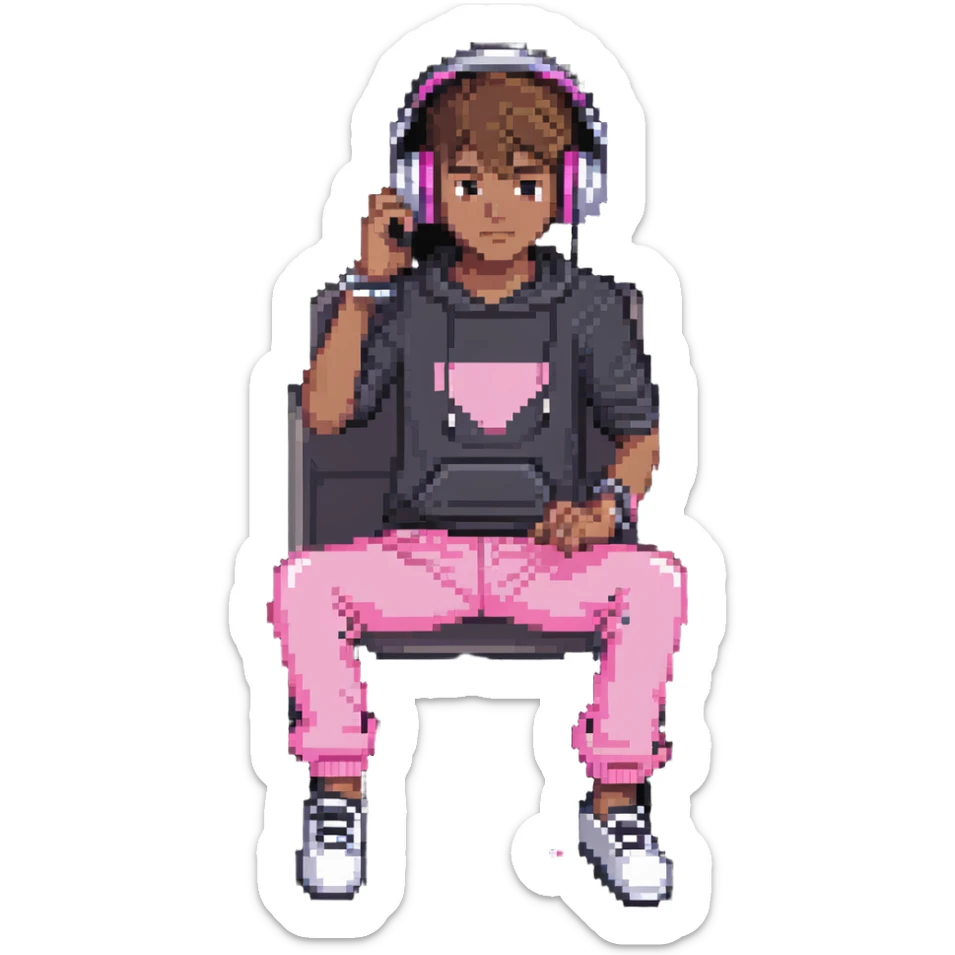 boy in pink pants sitting at a computer listening to music with headphones sticker