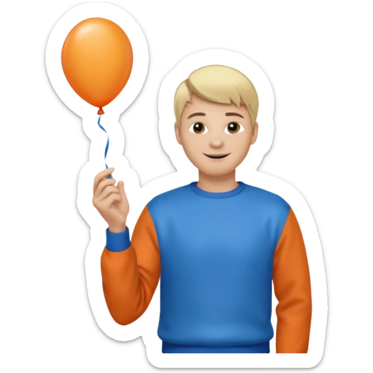 white skin, blonde hair man, orange sweater, hold blue balloon sticker