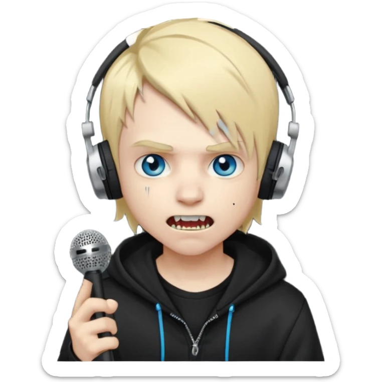 boy vampire whit blonde emo hair and eyes blue and grey skin and heandphones black AND A MICROFONE AND GOLD TEETH and agesive face and the hoodie black  sticker