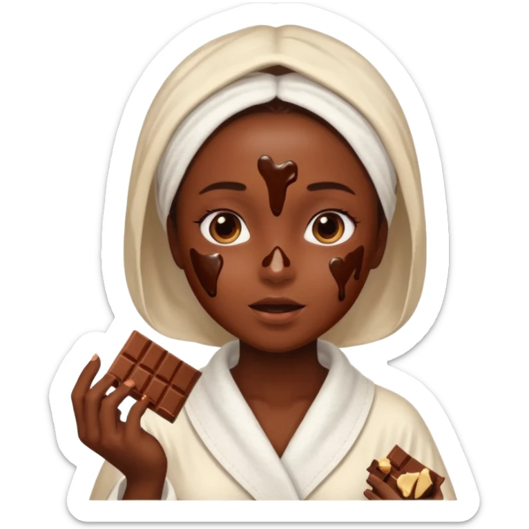 girl having facial wearing white robe, chocolate facial sticker