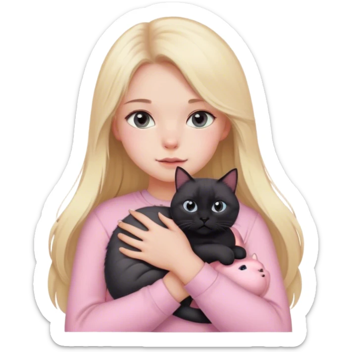 girl with blond long hair, grey eyes and fair skin in pink pastel clothes holds a black British cat in her arms sticker