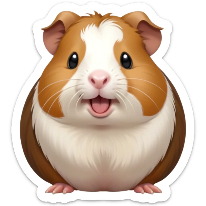Cinematic Cute Yawning Brown and White Banded Guinea Pig Portrait Emoji, Head tilted slightly with a dramatic, wide-open yawn, revealing a soft, banded fur of brown and white with tiny, droopy ears, round dark eyes barely open in drowsy contentment, Simplified yet irresistibly adorable features, highly detailed, glowing with a soft, cozy glow, high shine, relaxed yet expressive, stylized with a touch of whimsy, bright and endearing, soft glowing outline, capturing the essence of a sleepy yet affectionate guinea pig, so drowsy it feels like it could stretch out of the screen and curl up for a nap! sticker
