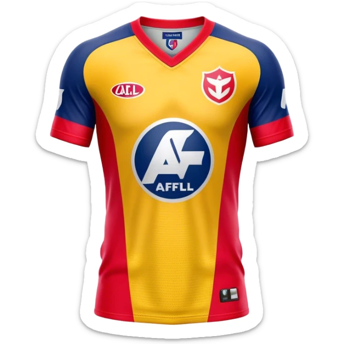 Cinematic Realistic image of an AFL jersey rendered in vibrant team colors with detailed fabric textures and dynamic creases, illuminated by bold, stadium lighting that accentuates its sporty character sticker