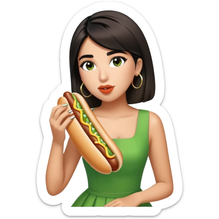 Create a picture of Dua Lipa in this green dress eating hot dogs sticker